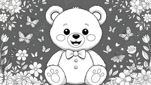 Adorable Cartoon Teddy Bear Coloring Page - Kawaii Nursery Art in Black & White Line Style