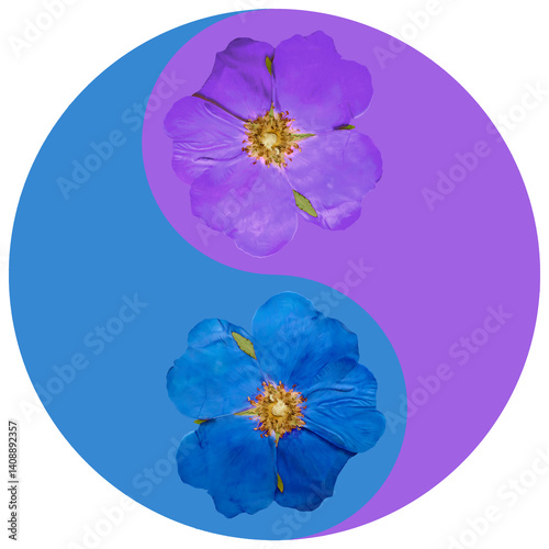 Floral symbol Yin-Yang. Briar, wild rose. Pattern of Yin-Yang symbol from plants in oriental style. Yin Yang symbol from flowers, petals. Flower illustration of mandala.