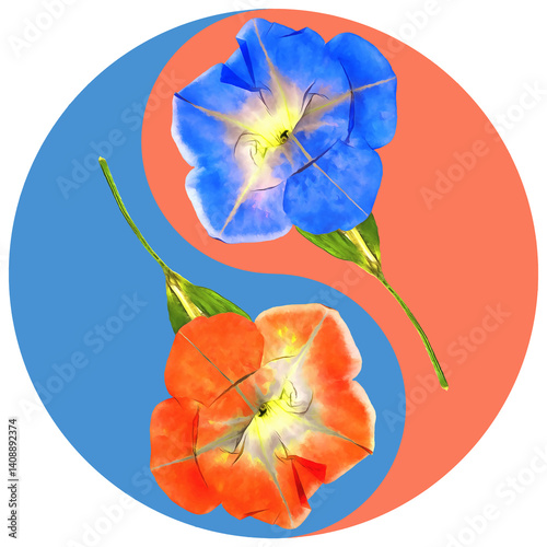 Floral symbol Yin-Yang. Petunia. Pattern of Yin-Yang symbol from plants in oriental style. Yin Yang symbol from flowers, petals. Flower illustration of mandala.