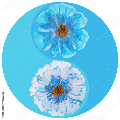 Floral symbol Yin-Yang. Cosmos. Pattern of Yin-Yang symbol from plants in oriental style. Yin Yang symbol from flowers, petals. Flower illustration of mandala.
