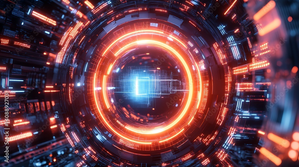 Obraz premium Futuristic virtual reality device surrounded by glowing neon lights against a digital background