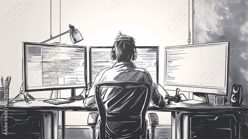 Obraz na płótnie Programmer at Work, Monochrome Illustration w salonie