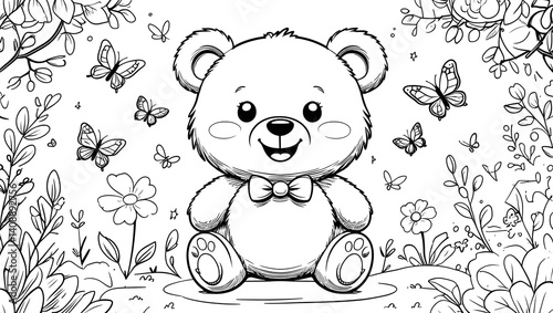 Adorable Cartoon Teddy Bear Coloring Page - Kawaii Nursery Art in Black & White Line Style