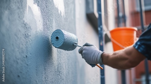 A construction worker painting a building wall. Featuring painting and finishing work