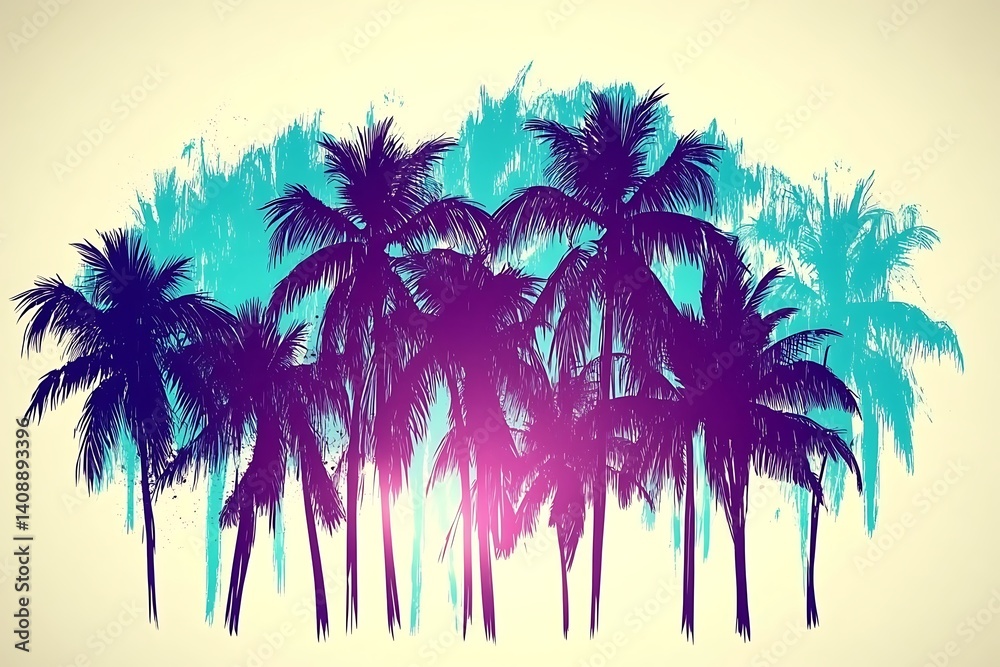 Fototapeta premium Tropical palm trees in shades of purple and blue