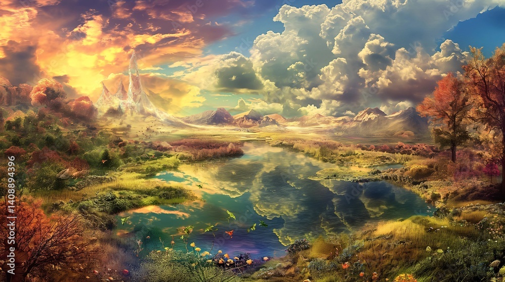 Fantasy Autumn Landscape with Crystal Peaks