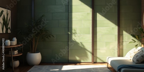 Serene Green Tile Wall Interior Design Sunlight Plants Minimalist Home Decor