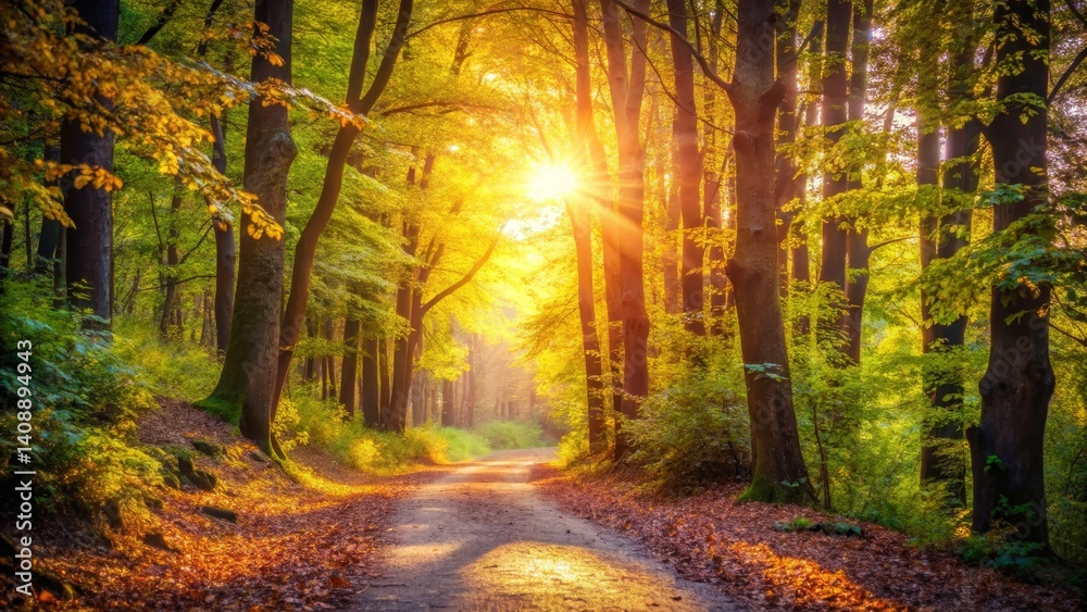 Obraz premium Sunlit Path Through a Lush Forest