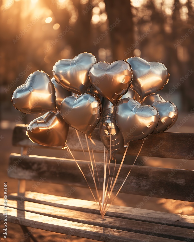 Heart-Shaped Balloons on Park Bench at Sunset