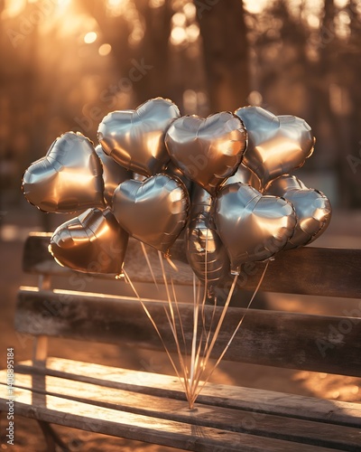 Heart-Shaped Balloons on Park Bench at Sunset