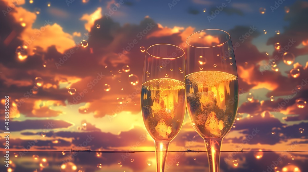 Champagne Glasses Sunset Celebration