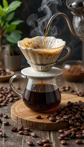 step-by-step pour-over coffee brewing with dripper, glass carafe, and fresh beans photo