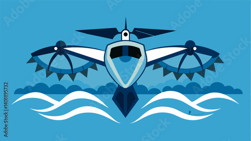Wings tucked in an eVTOL hovers just above the waves creating a mesmerizing display of power and control.. Vector illustration