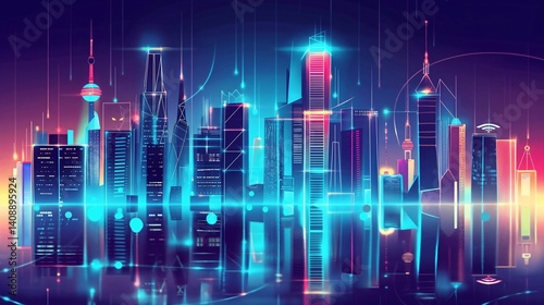 Obraz na płótnie Futuristic Cyberpunk City Skyline w salonie