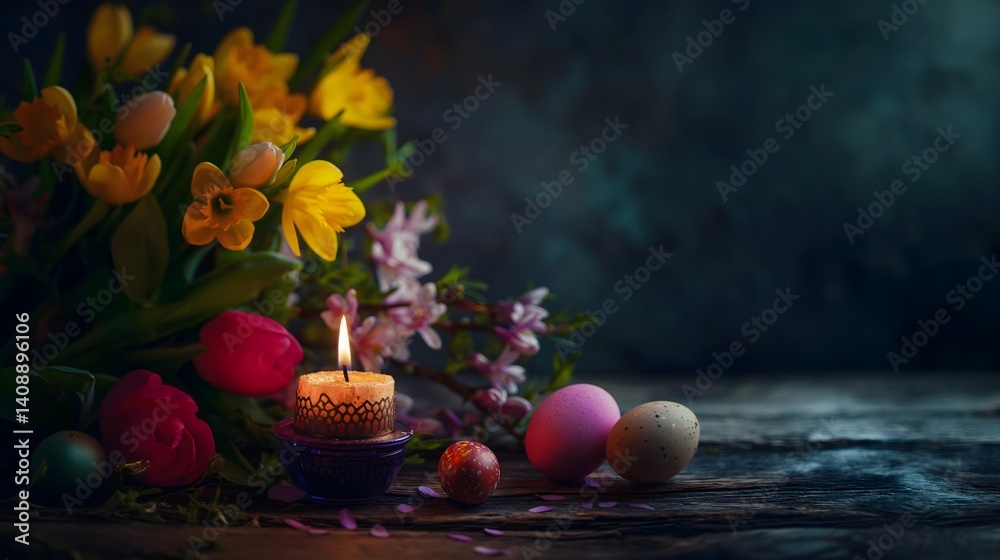 Easter Still Life with Flowers, Candles, and Eggs