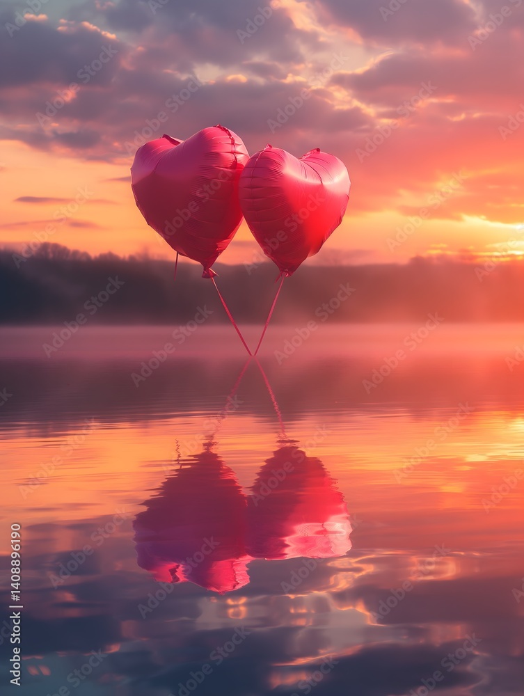 Heart Balloons Over Water at Sunset