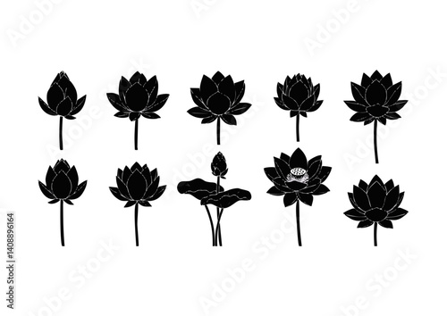 Tranquil Lotus Blossoms: A collection of elegant lotus flower silhouettes, each in varying stages of bloom, artfully arranged to showcase the serene beauty and delicate form of these iconic blooms.