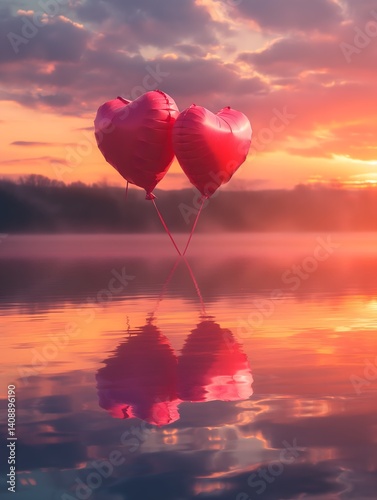 Obraz na płótnie Heart Balloons Over Water at Sunset w salonie