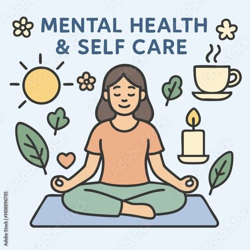 Mindfulness meditation self care mental health relaxation wellness yoga nature tranquility balance positive energy flowers sun tea candle leaves calm harmony lifestyle happiness peace illustration
