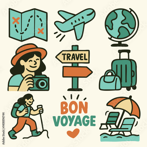 Traveling is exciting adventure filled with exploration and discovery, featuring elements like map, airplane, globe, and travel gear. This illustration captures essence of wanderlust and adventure