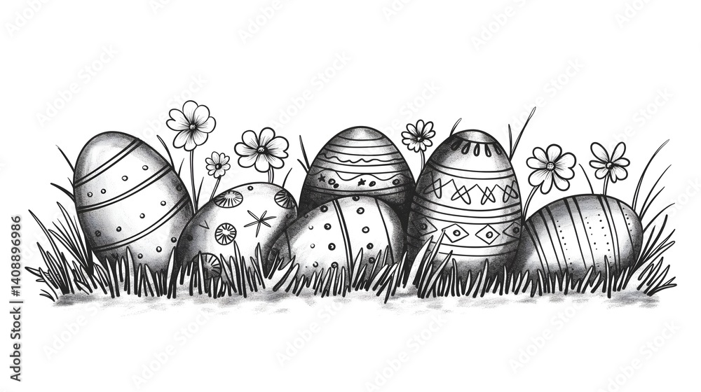 Easter Eggs in Grass with Flowers