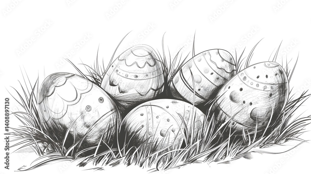 Easter Eggs in Grass - Monochrome Illustration