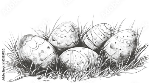 Obraz na płótnie Easter Eggs in Grass - Monochrome Illustration w salonie