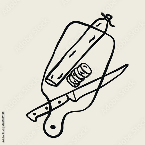 Hand-drawn line drawing of a charcuterie board with salami and knife: minimalist food sketch, doodle