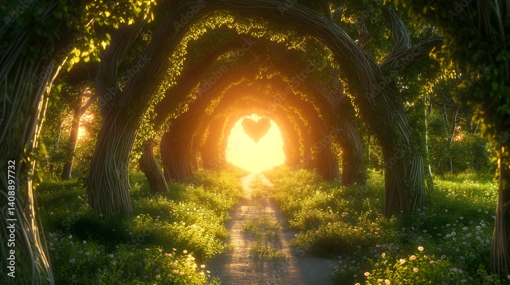 Obraz premium Heart-Shaped Sunlight Path in a Forest