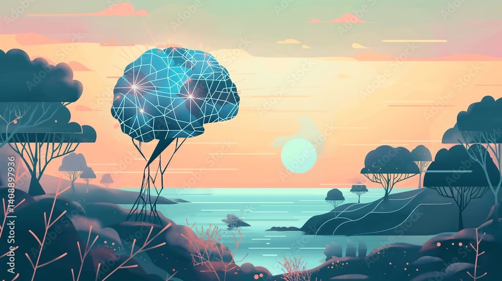 Digital Brain Tree Landscape Sunset
