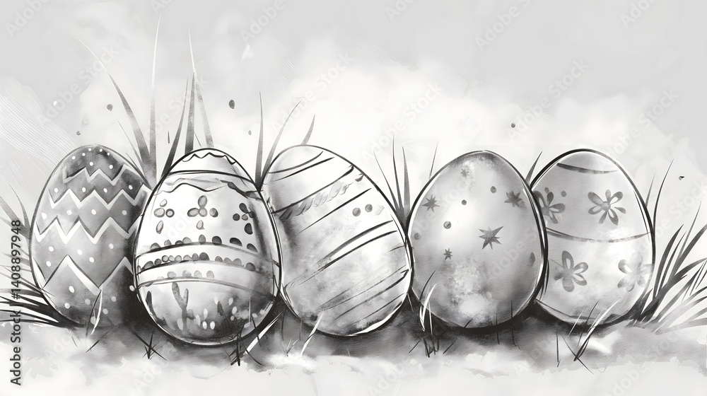Easter Eggs in Grass, Monochrome Illustration