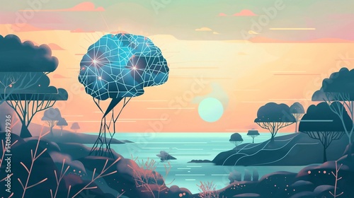 Obraz na płótnie Digital Brain Tree Landscape Sunset w salonie