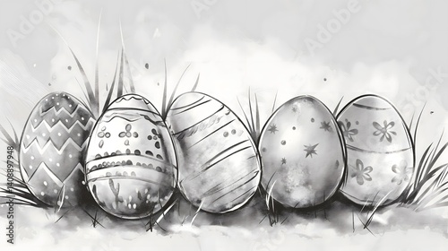 Obraz na płótnie Easter Eggs in Grass, Monochrome Illustration w salonie