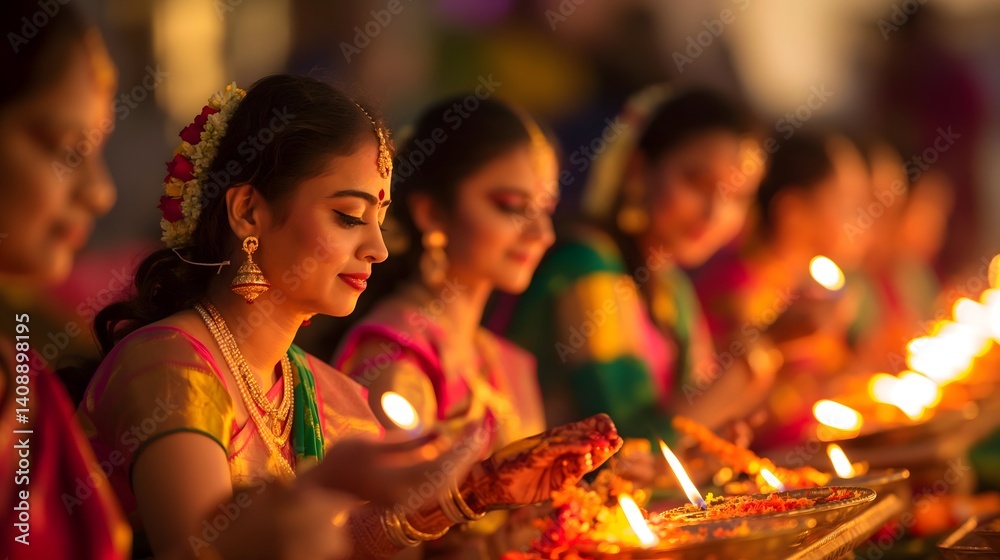 Indian Women Lighting Lamps in Ceremony