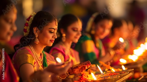 Obraz na płótnie Indian Women Lighting Lamps in Ceremony w salonie