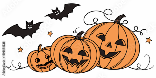 Spooky Halloween Pumpkins and Bats Festive Autumn Illustration