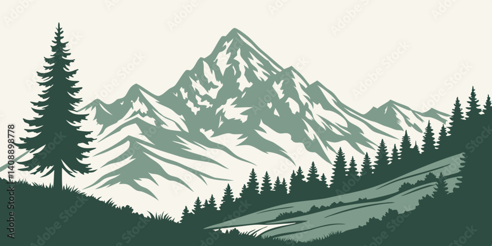 Fototapeta premium Majestic Mountain Range Illustration Serene Landscape with Pine Trees and Valley
