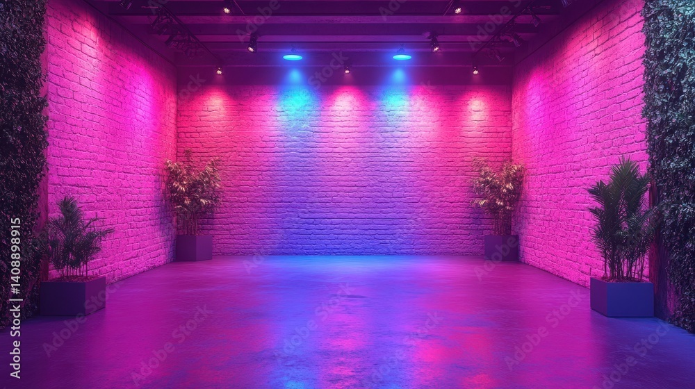 Fototapeta premium Neon Pink and Blue Brick Room Interior Design