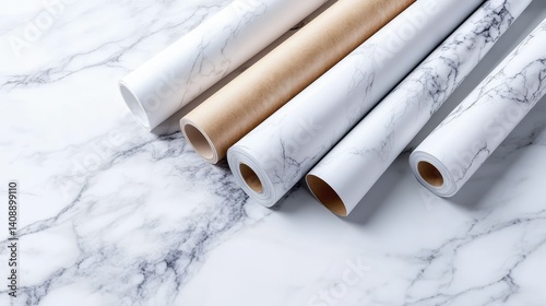 Rolls of adhesive marble contact paper in white and grey tones, perfect for home decor DIYs