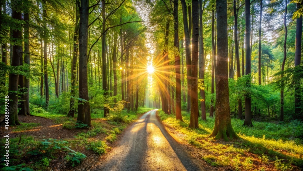 Fototapeta premium Sunlit Path Through Forest Trees
