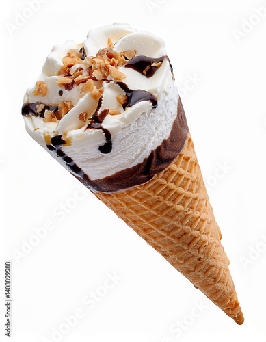 Delicious Vanilla and Chocolate Ice Cream Cone with Chopped Nuts and Chocolate Sauce