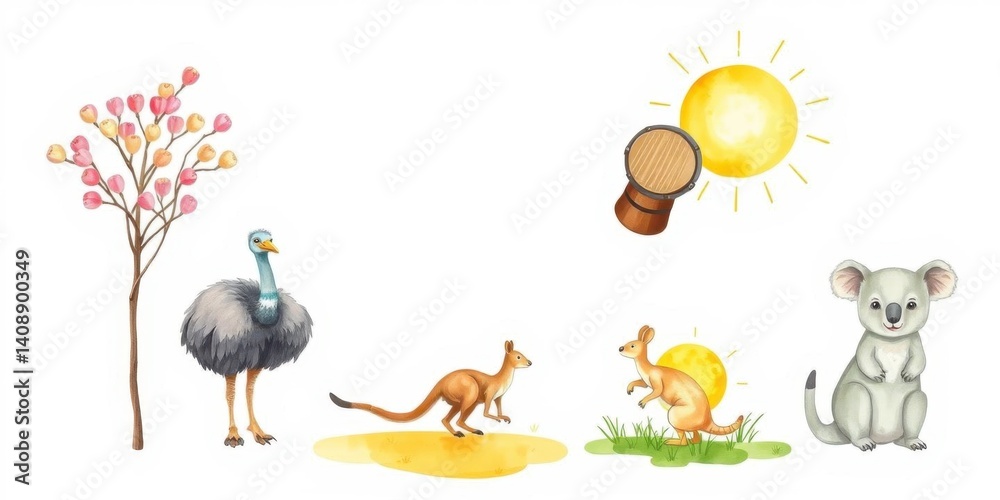 Fototapeta premium Aussie Animals Cute Koala Kangaroo Emu Sun Tree Illustration