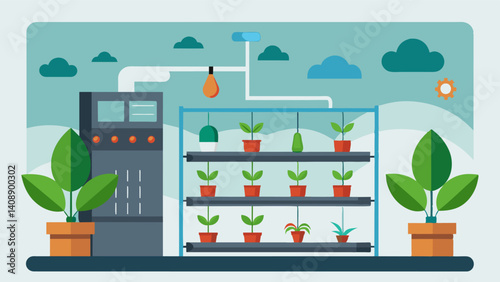 Indoor vertical farming structures utilize IoT technology to maintain optimal temperature and lighting creating a controlled environment for yearround crop production.. Vector illustration