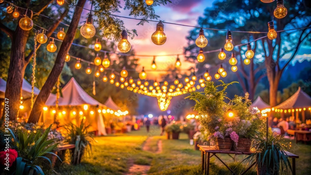 Fototapeta premium Outdoor Celebration with String Lights at Dusk