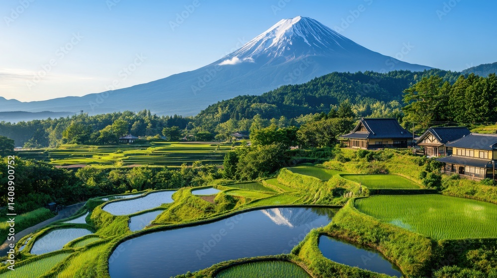 A traditional Japanese rice farm with terraced fields