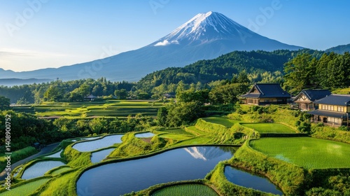 A traditional Japanese rice farm with terraced fields 