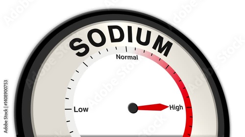 Sodium text or word with a barometer or tachometer-style gauge, illustrating varying levels of sodium intake and its impact on health