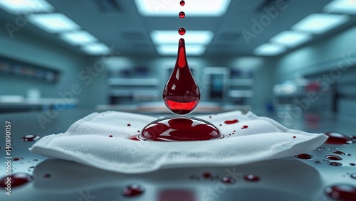 Red blood droplet on white paper towel in medical setting