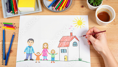 Family drawing colorful house on paper