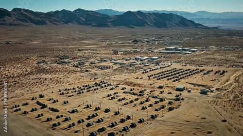Deserted army camp with train tracks surrounded by mountains in a dry landscape, A close-up view over a deserted army camp and training facility in the middle of the desert